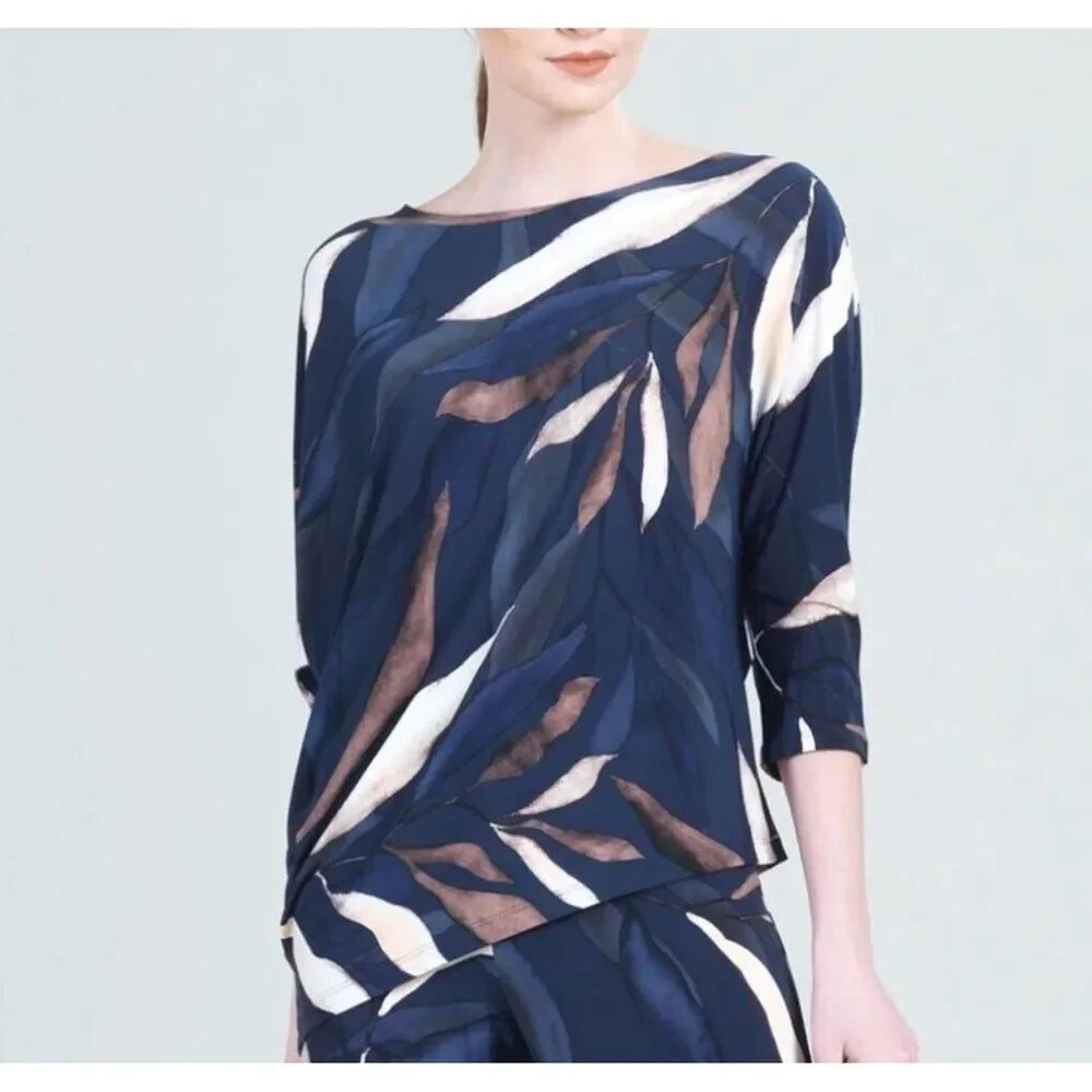 CLARA SUN WOO Tunic Top Women’s Sz L Moonlit Palm Leaves Print Angled Hem Blouse